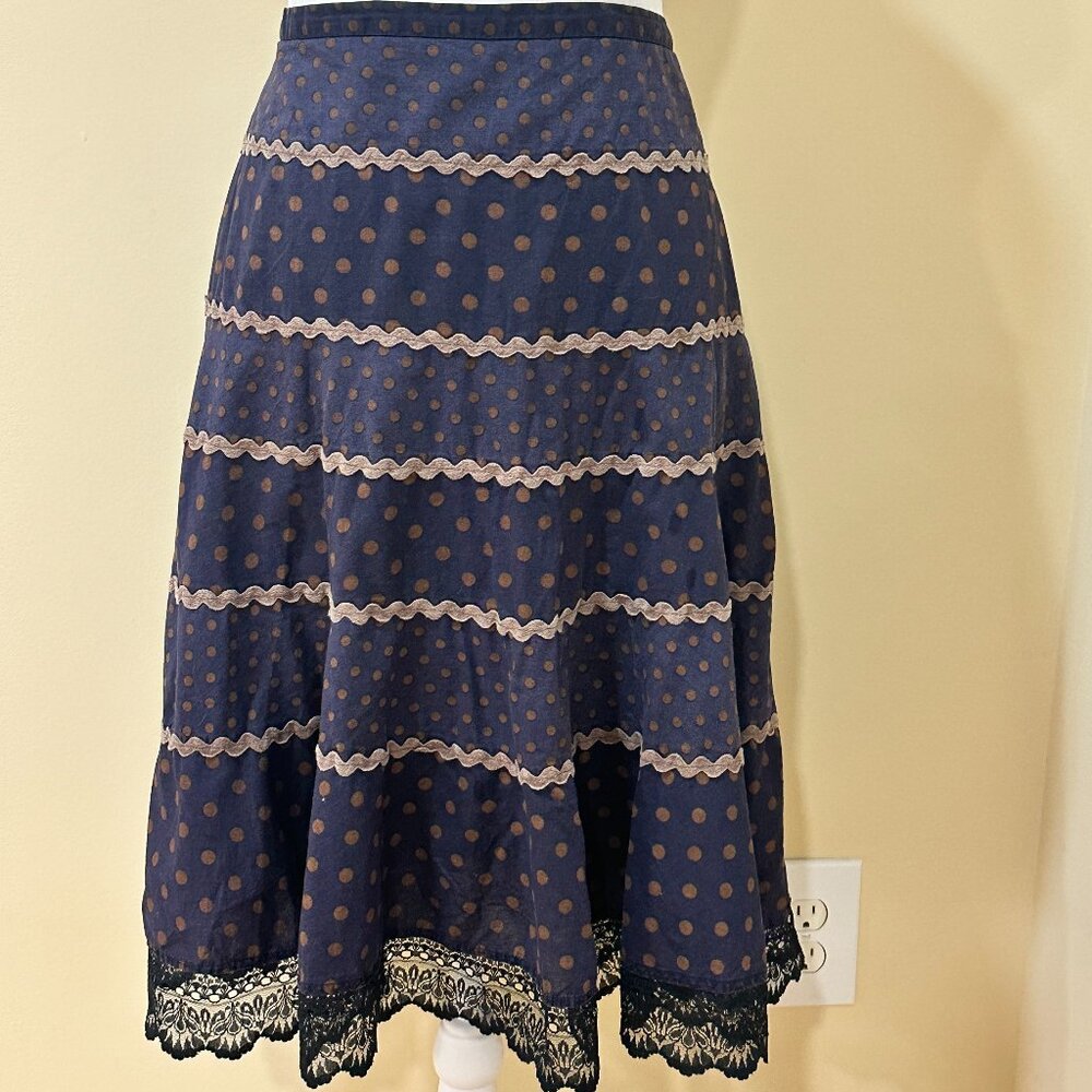 BCBG MAXAZRIA Sz 4 Lined Cotton Skirt Blue Polka Dots Ricrac Trim Black Lace Hem